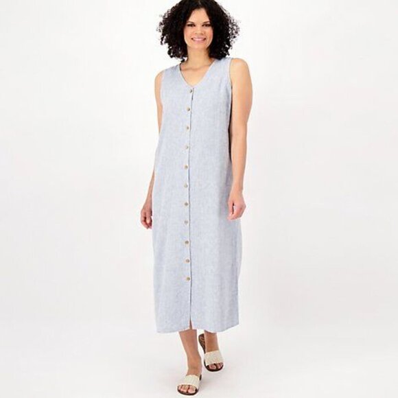 Denim & Co. Med Denim Blue Naturals Linen Blend V-Neck Dress Size 3X - Picture 1 of 4